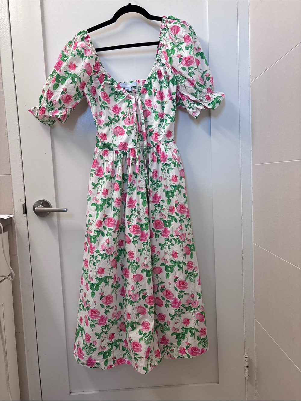 Hill House Ophelia Pink Roses Puff-Sleeve Midi Dress